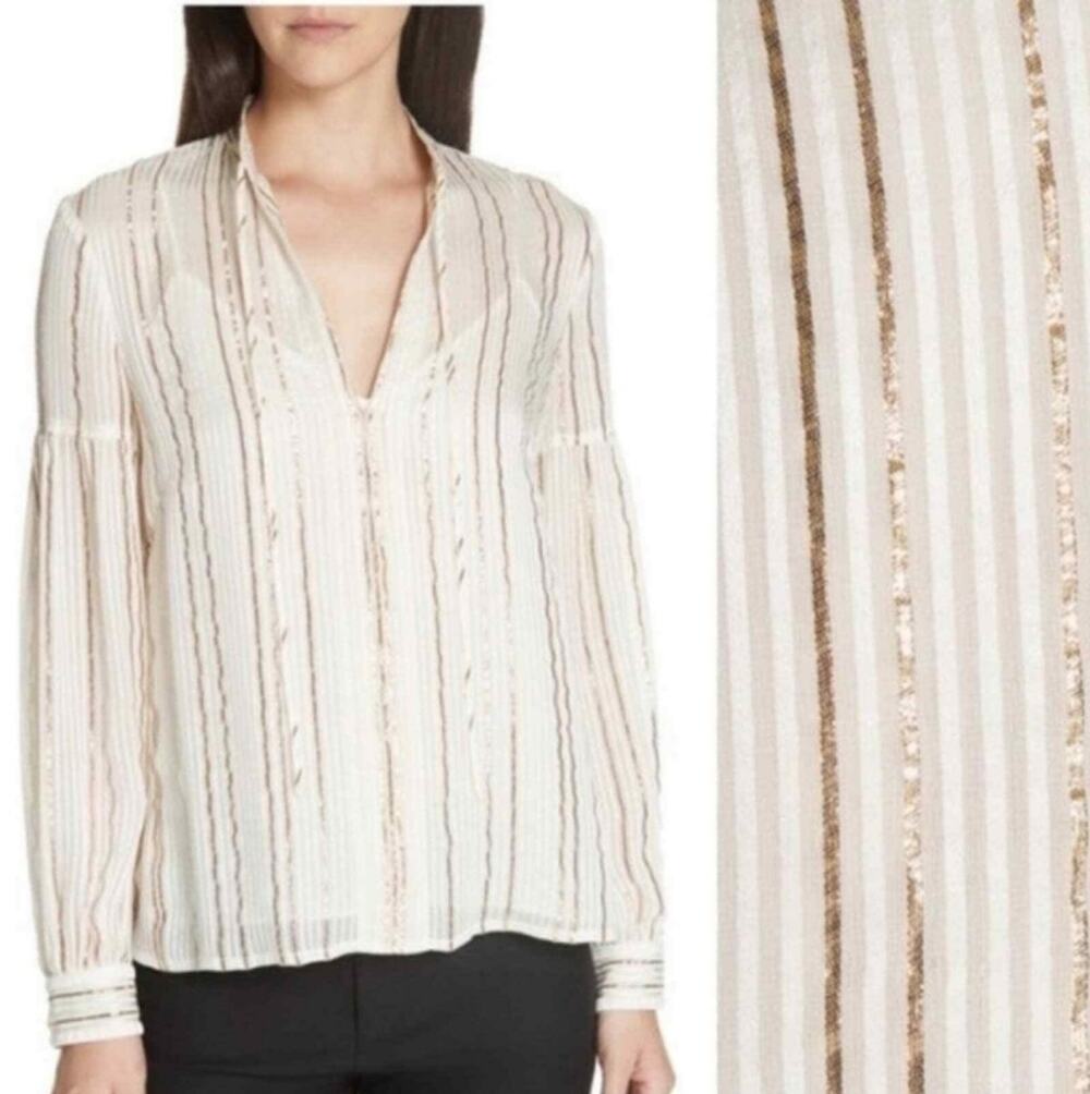 Derek Lam 10 Crosby Silk Blend Striped Metallic Blouse size 8
